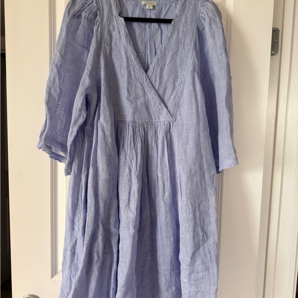 Sundance Soft Blue V-Neck Lined Linen Dress - with Pockets!